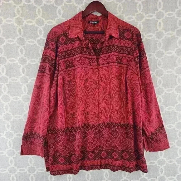 COPY - Roz & Ali Button Up Long Sleeve Paisley Chiffon Blouse L - Picture 1 of 9